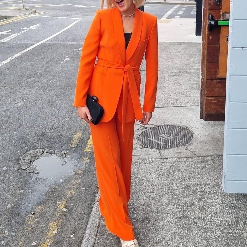 Zara Orange Belted Tuxedo Blazer & Pants Set – Blazer L / Pants XL - Picture 2 of 15